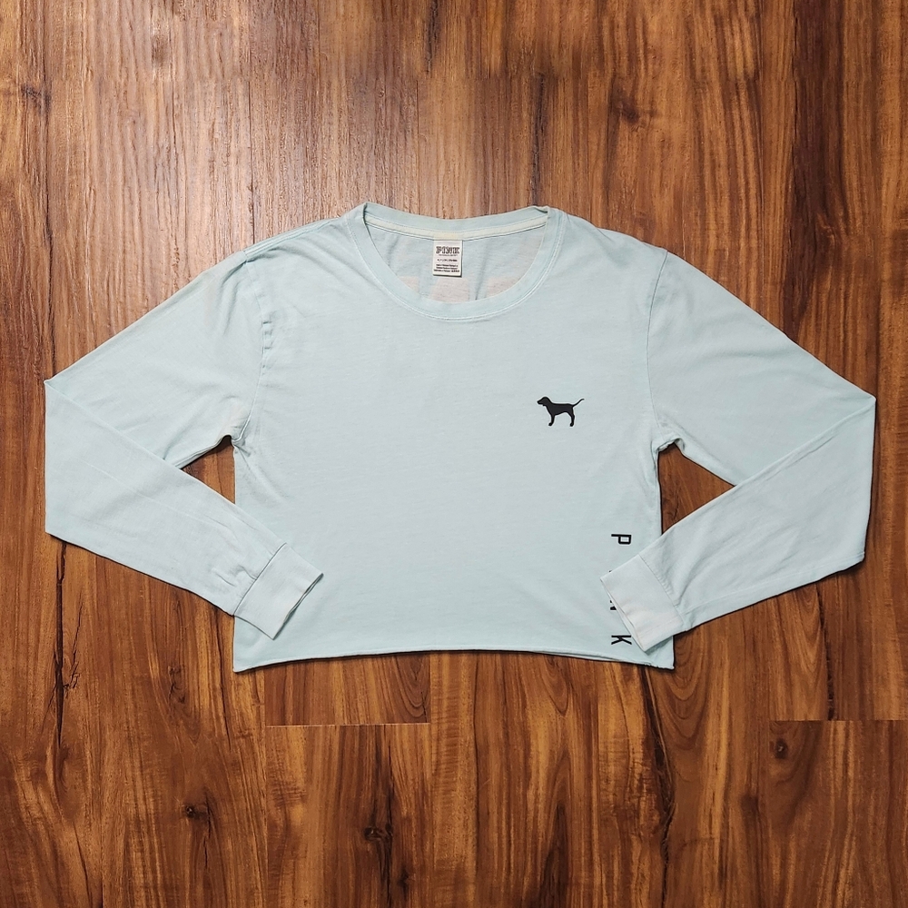 PINK Victoria's Secret Pale Blue Cropped Long-Sleeve Tee with Dog Logo